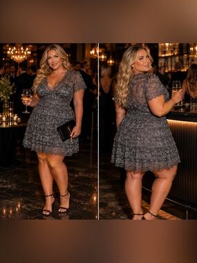 Avenue Grey Plus Size 16 Taupe Sequin Lace Cocktail Dress Tiered Party Wedding